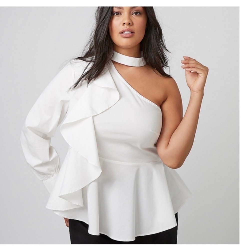 Lane Bryant White One Shoulder Ruffle Peplum Blouse Choker Neck Size 20
